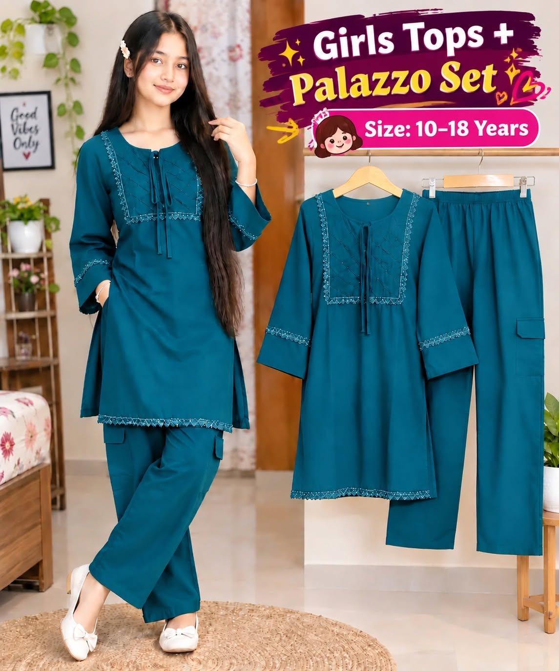 Girls’ Teal Embroidered Palazzo Set