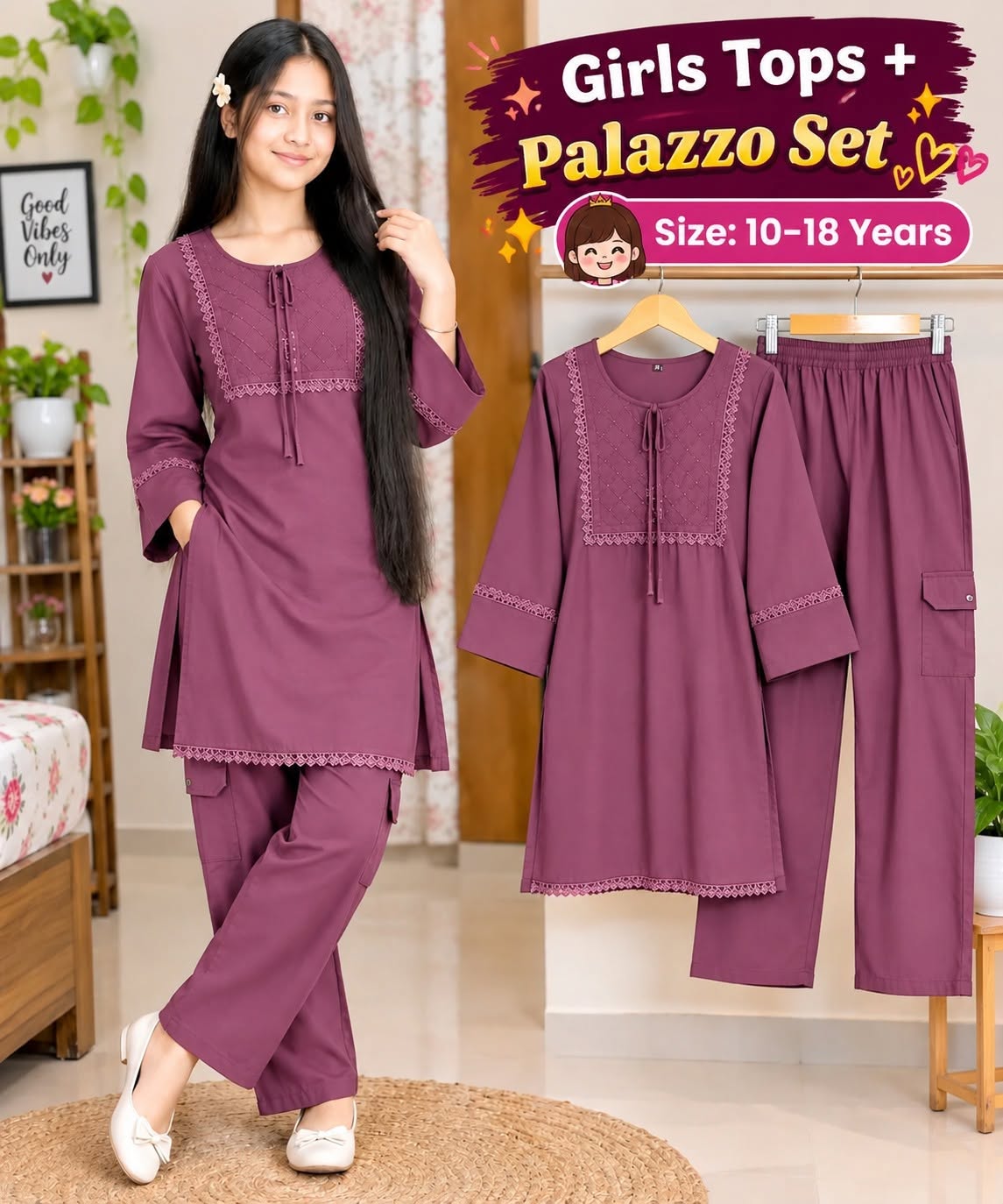 Girls’ Mauve Embroidered Palazzo Set
