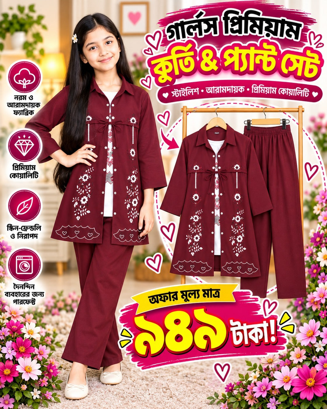 Girls’ Burgundy Floral Kurti Set