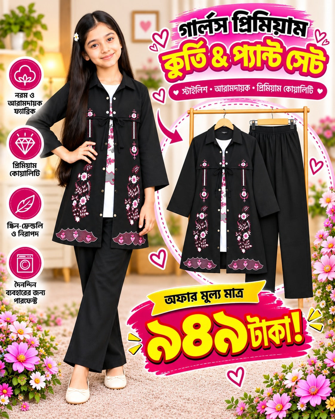 Girls’ Black Floral Kurti Set