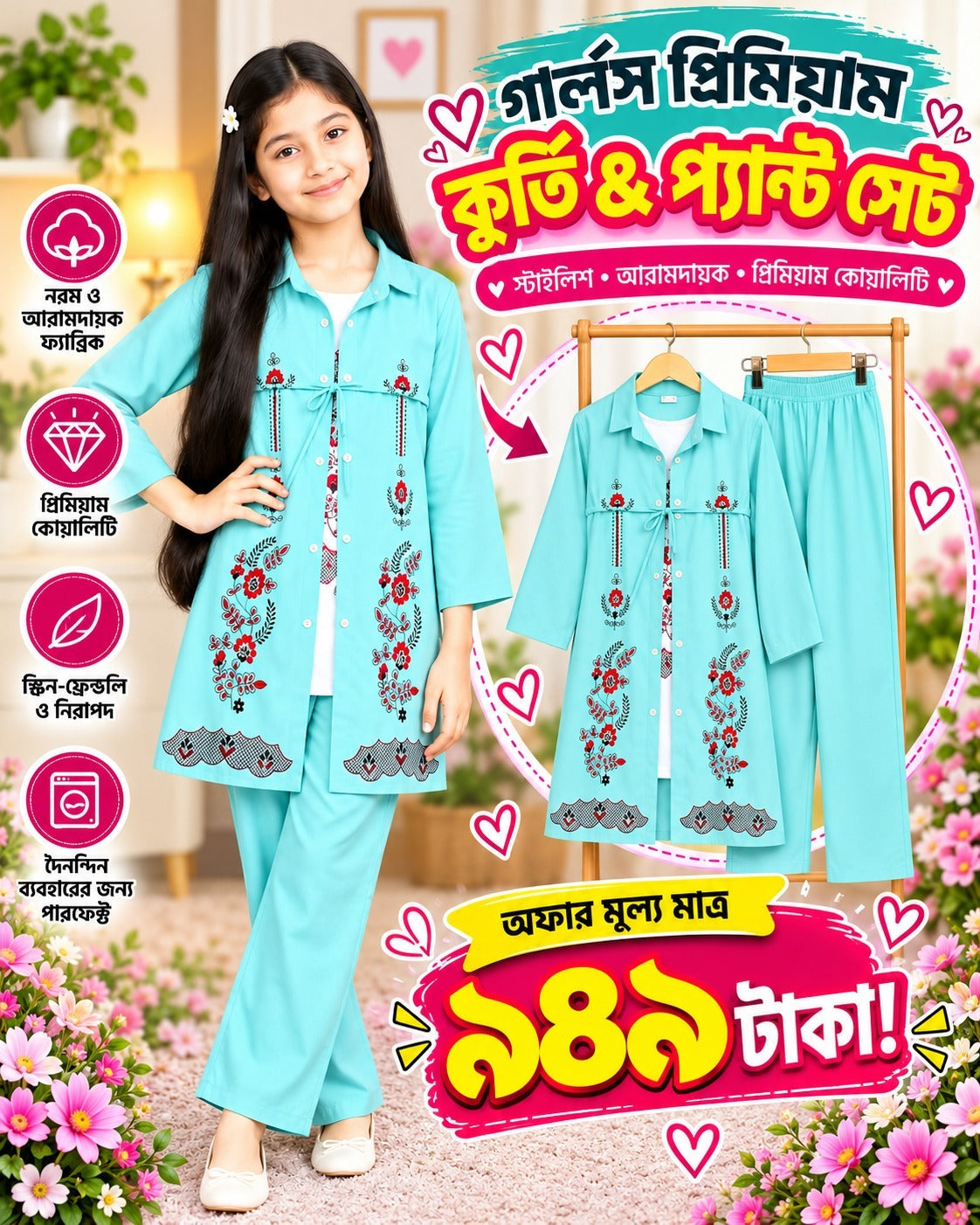 Girls’ Aqua Floral Kurti Set