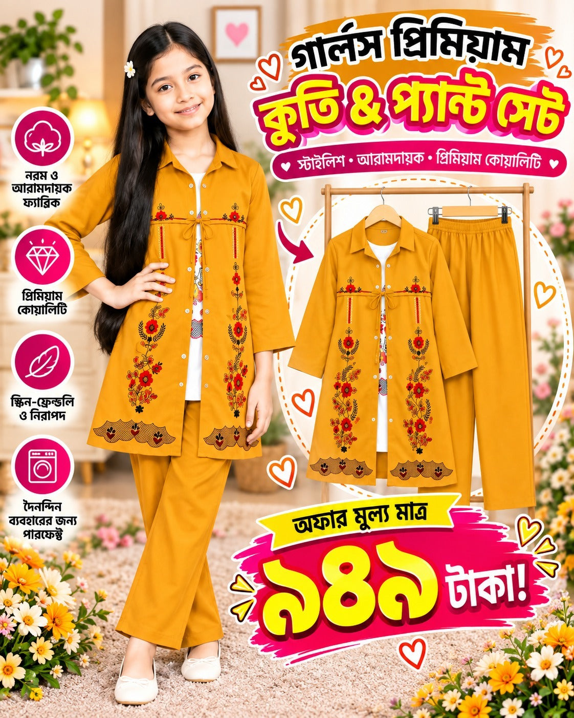 Girls’ Mustard Floral Kurti Set