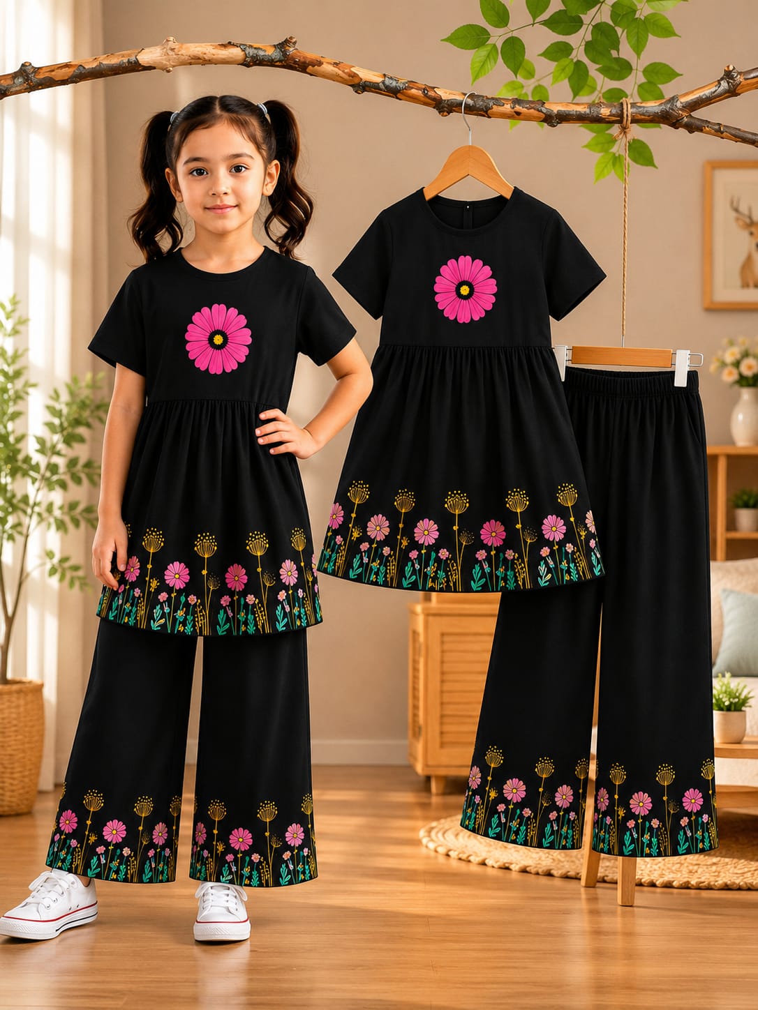 Girls’ Black Daisy Frock Set