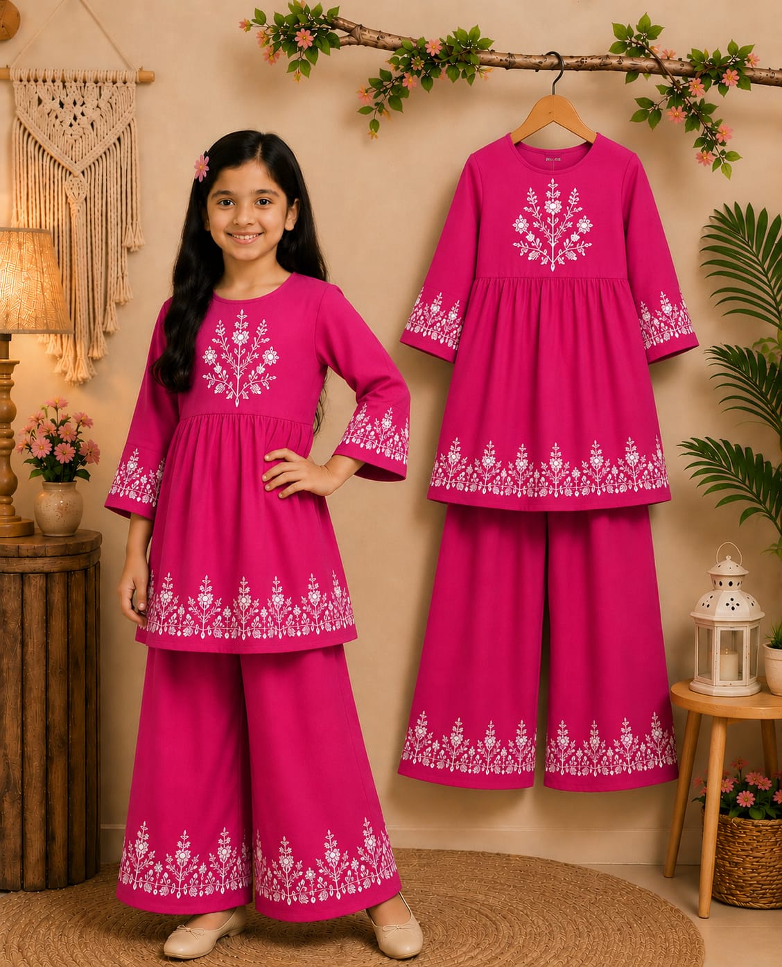 Girls’ Magenta Floral Frock Set