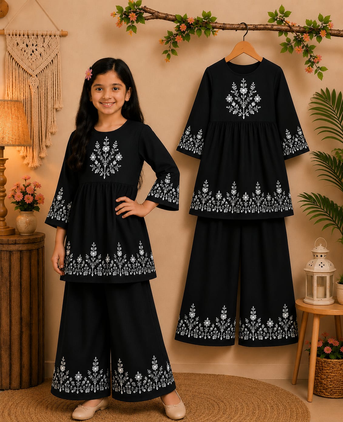 Girls’ Black Floral Frock Set