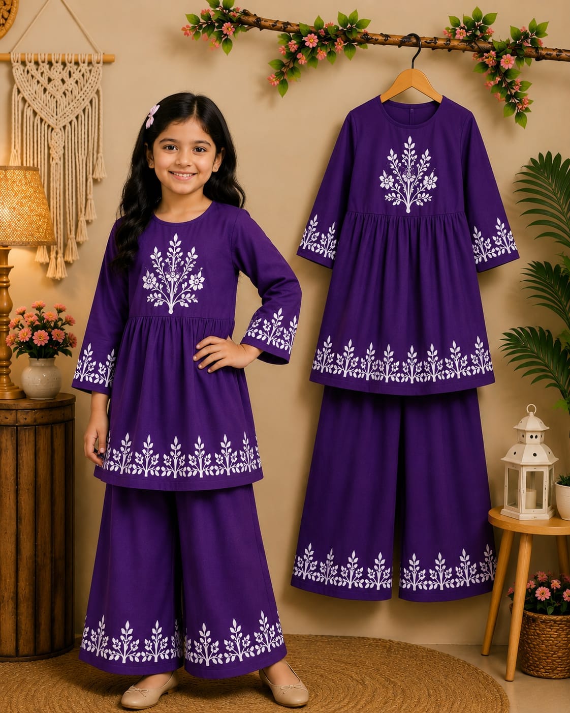 Girls’ Purple Botanical Frock Set