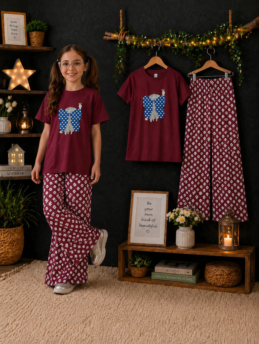 Girls’ Burgundy Bow Cotton Set