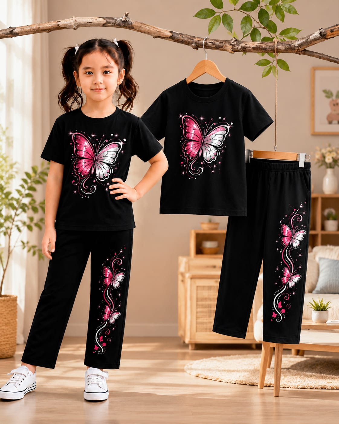 Girls’ Pink Butterfly Cotton Set
