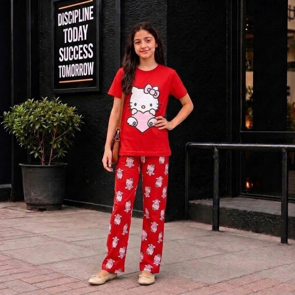 Girls’ Red Kitty Cotton Set