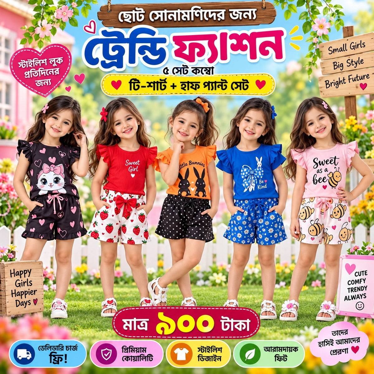 Girls’ Sweet Cotton Combo – 5 Sets