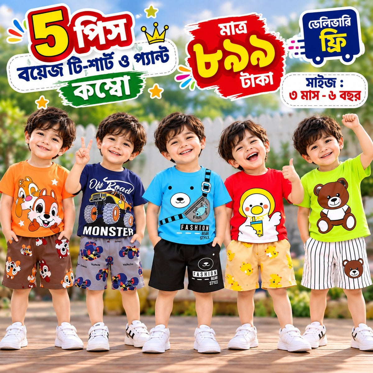 Boys’ Cartoon Cotton Combo – 5 Sets
