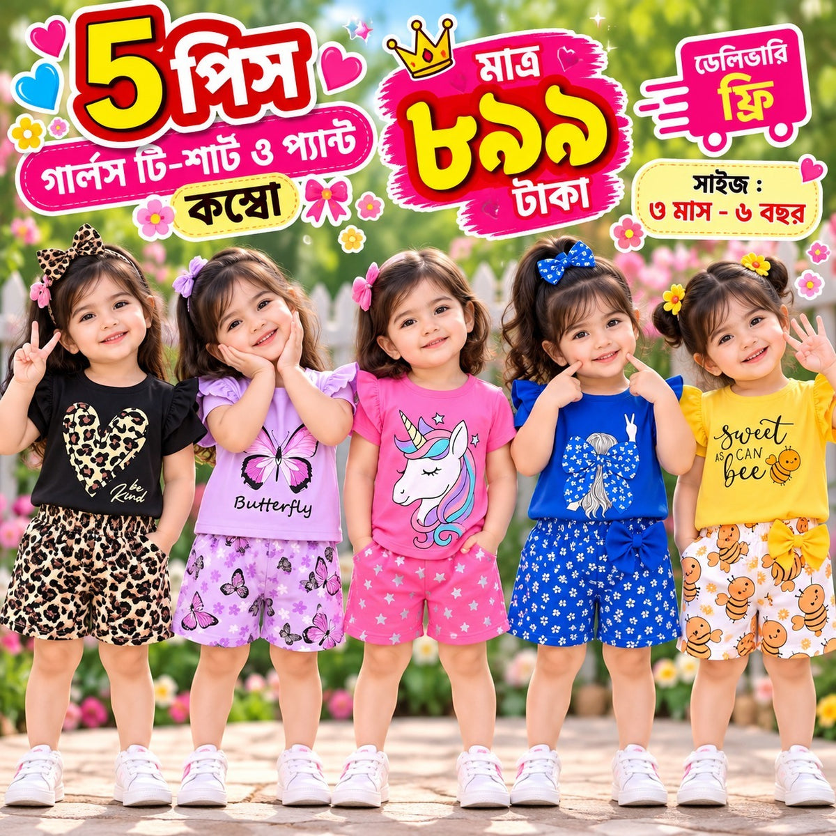 Girls’ Rainbow Cotton Combo – 5 Sets
