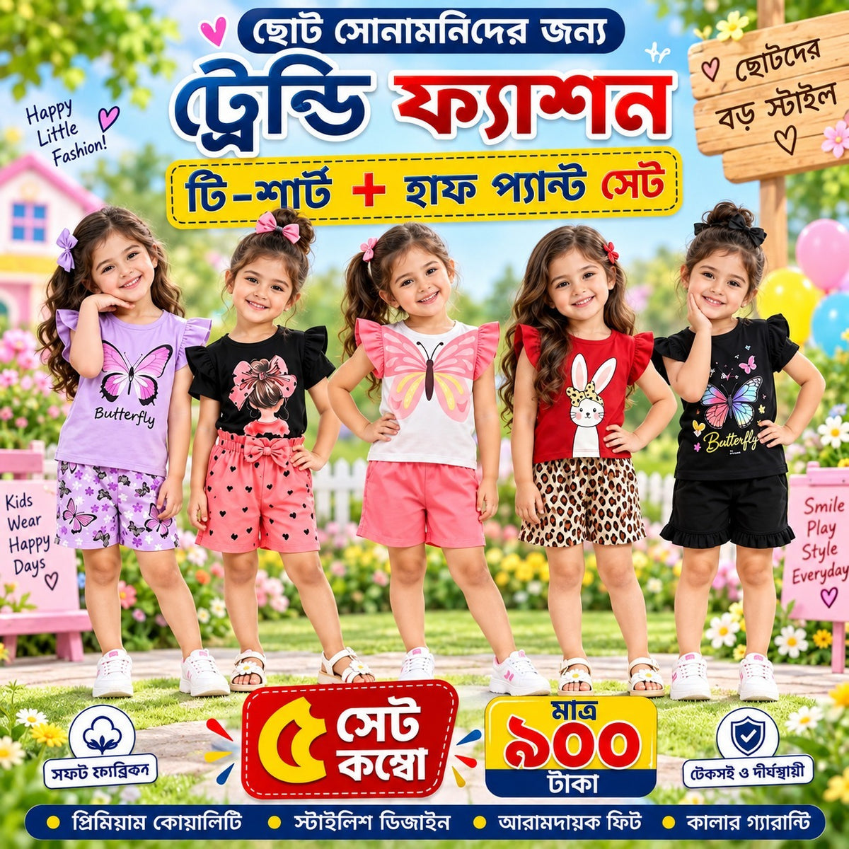 Girls’ Butterfly Cotton Combo – 5 Sets