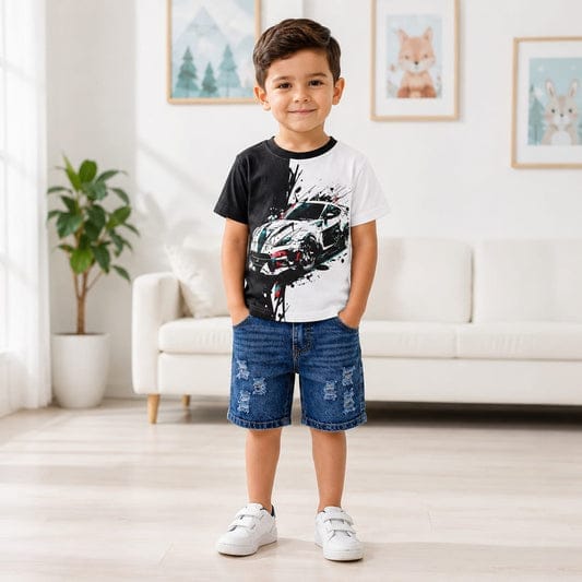 Baby Car Graphic T-Shirt & Denim Shorts Set