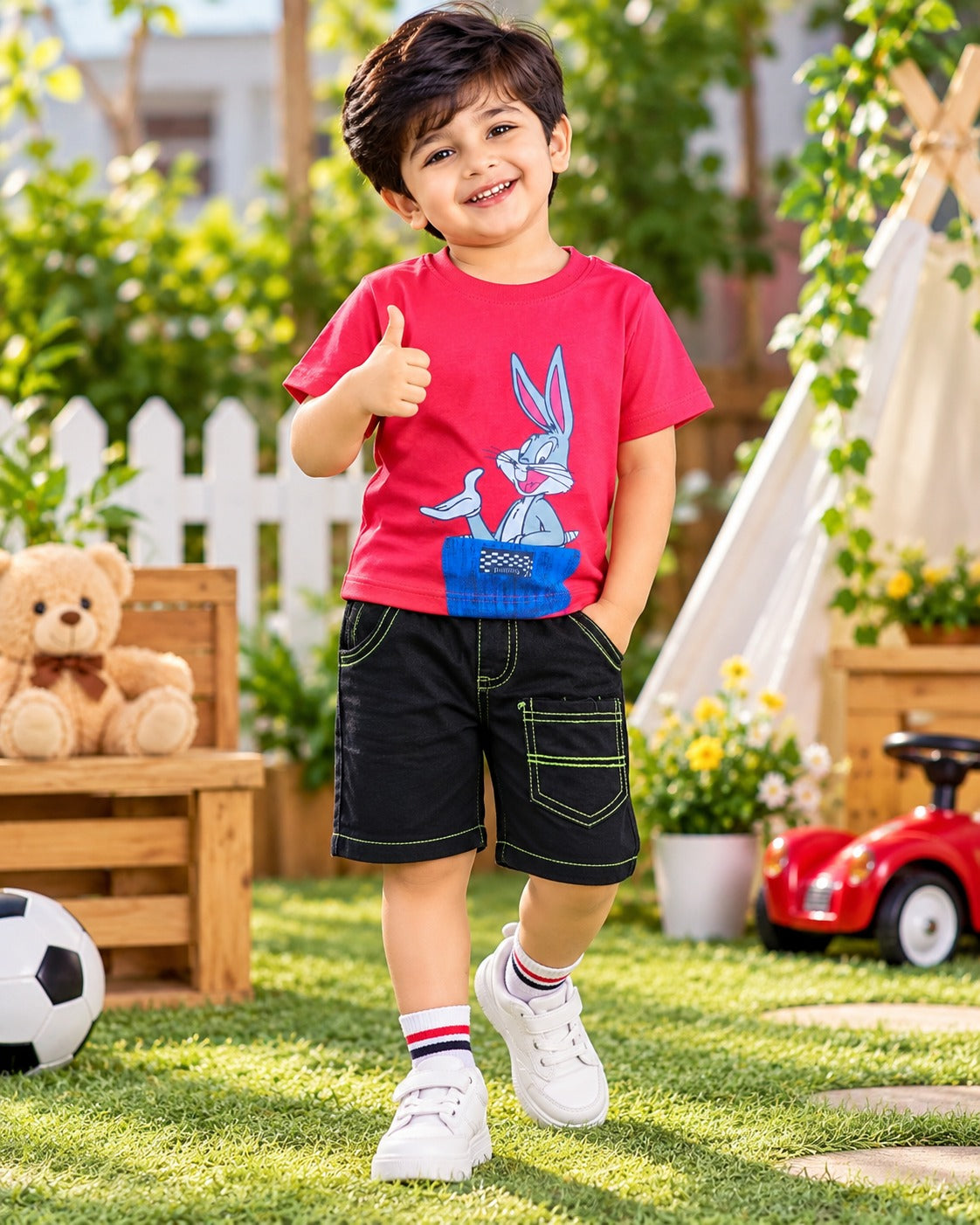 Baby Red Rabbit T-Shirt & Denim Shorts Set