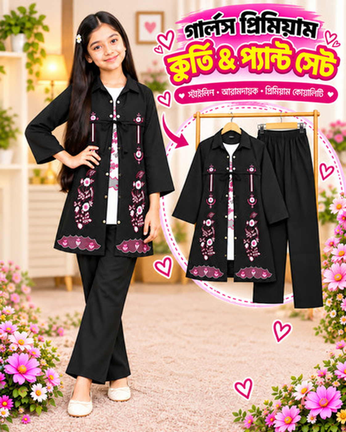 Girls’ Black Floral Kurti Set