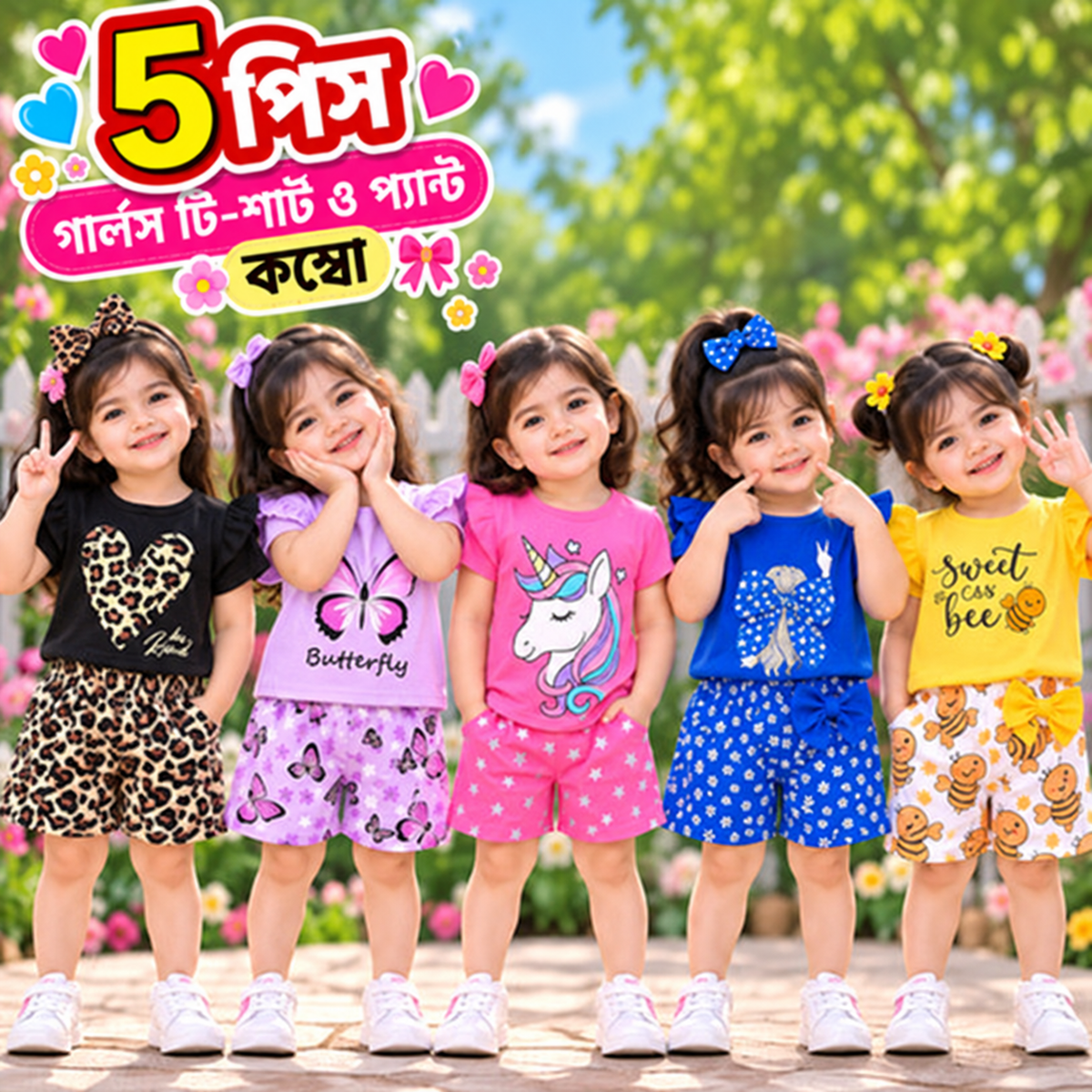 Girls’ Rainbow Cotton Combo – 5 Sets
